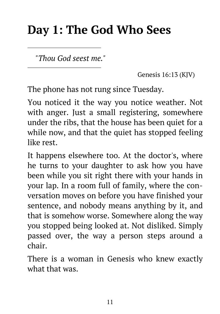A real page from Still Seen: Day 1, The God Who Sees, set in large black type